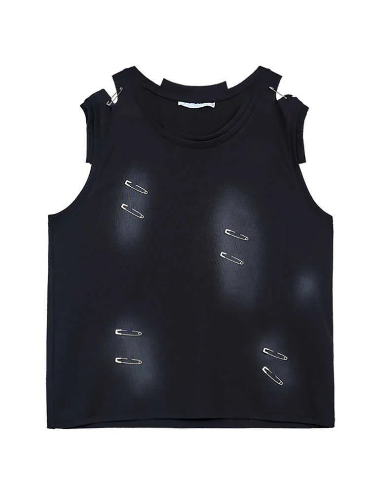 Men's black distressed waistcoat vest with asymmetrical cut on a hanger.