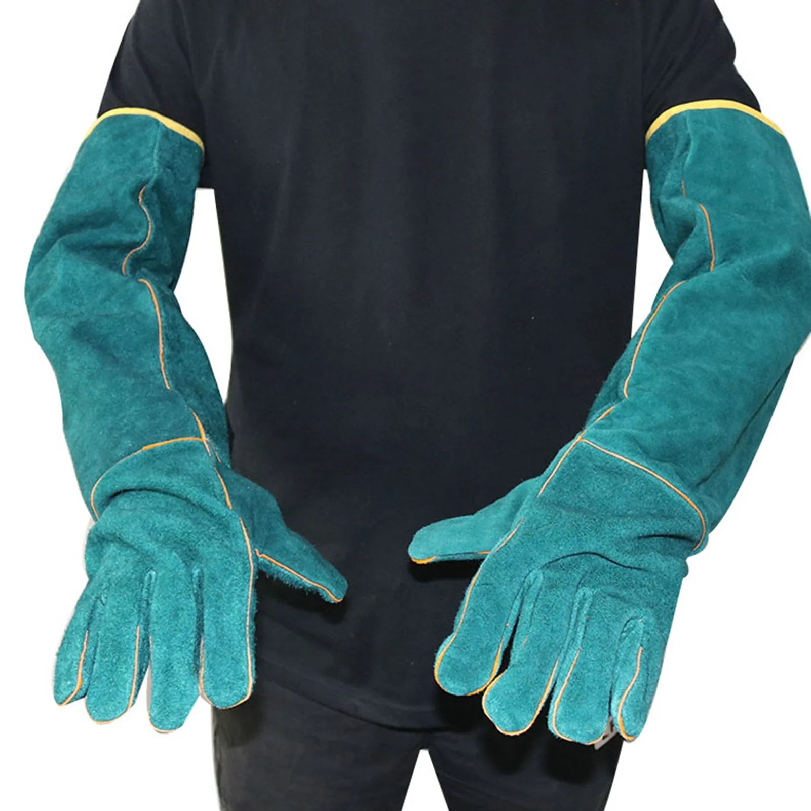 Dark green leather pet handling gloves with extended sleeve cuffs for animal bite protection