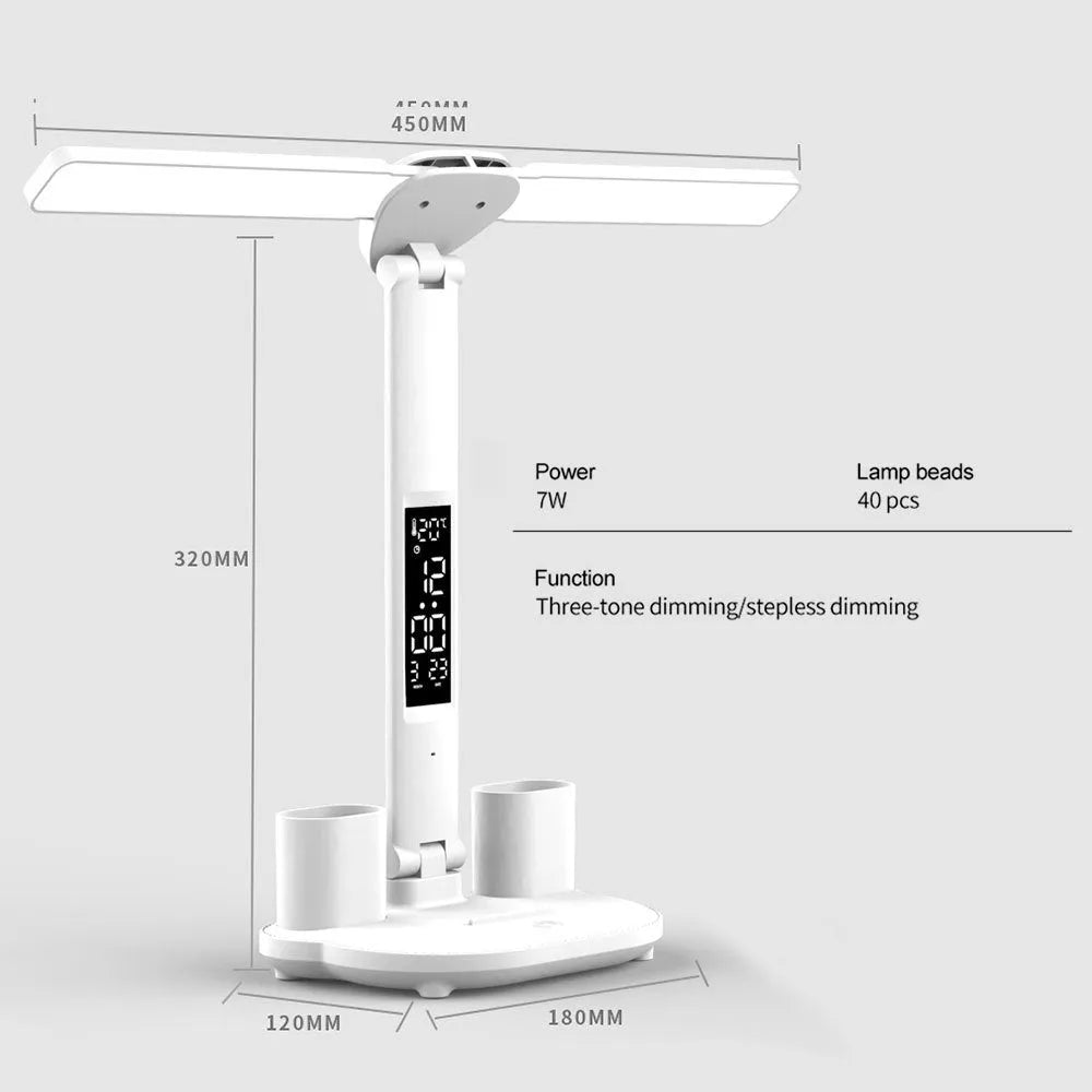 White multifunction LED desk lamp with pen holder, calendar display, and touch controls on a desk