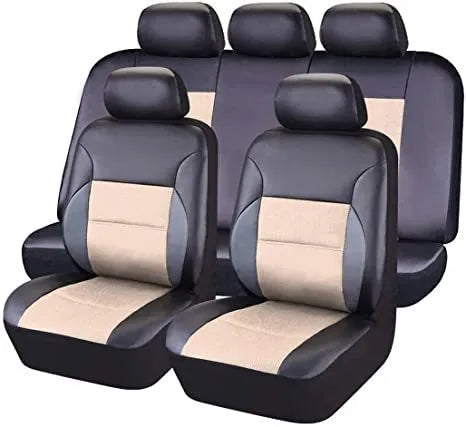 Set of black artificial leather car seat covers for front and back seats, shown with installation hooks.