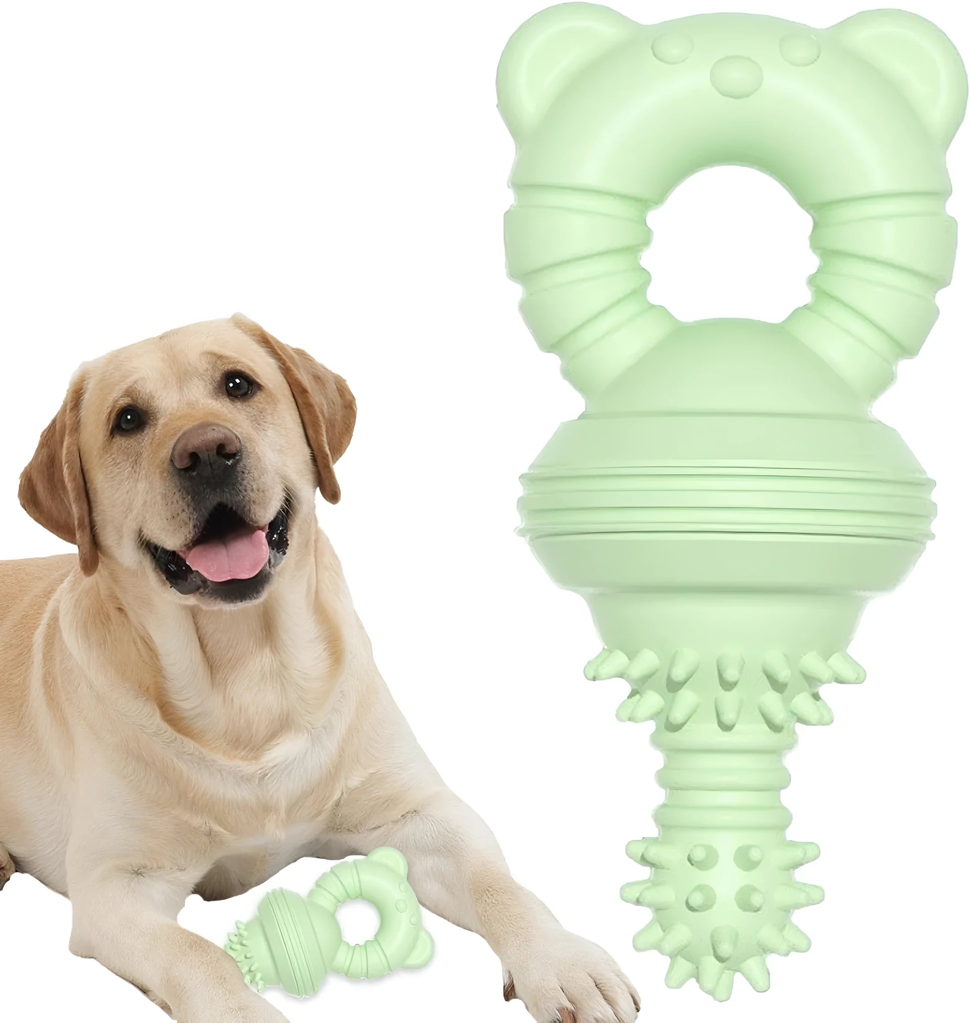 Blue rubber dog chew toy with concave-convex texture and a bell, for aggressive chewers and teeth cleaning.
