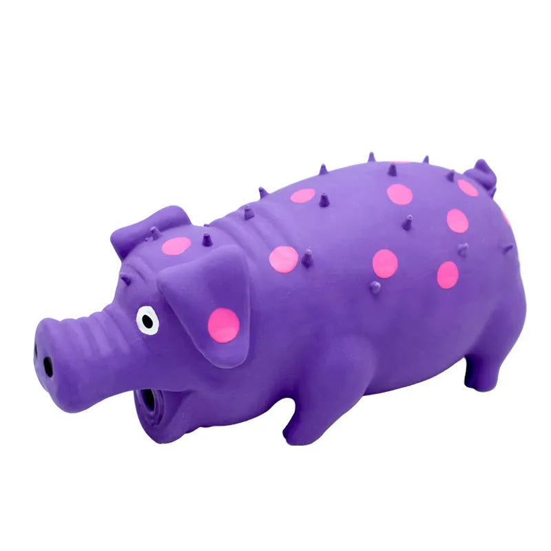 Blue latex squeaky pig-shaped dog chew toy with textured surface for teeth cleaning.