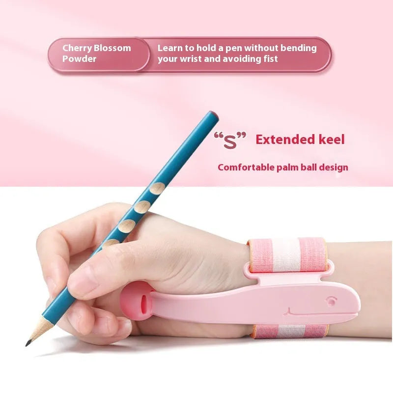 Blue and pink anti-hook wrist brace pen grip corrector for children's handwriting, made from white ABS nylon.