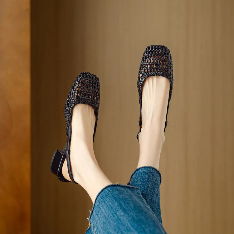 Women's beige woven hollow-out sandals with a square closed toe, chunky heel, and adjustable buckle strap.