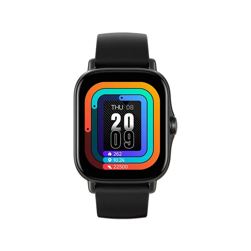 GT20 smartwatch with black silicone strap and alloy case showing heart rate monitoring on screen.