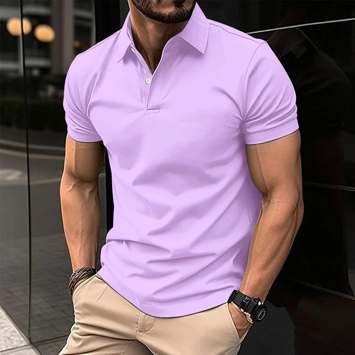 Men's solid colour cotton blend polo shirt with button lapel collar and short sleeves