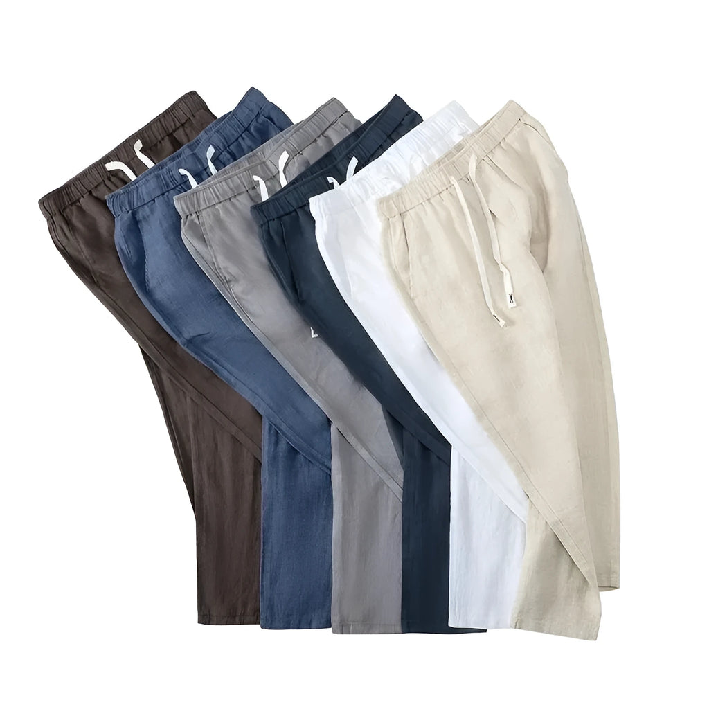 Chinese-style linen trousers with straight cut and drawstring elastic waist in multiple colour options