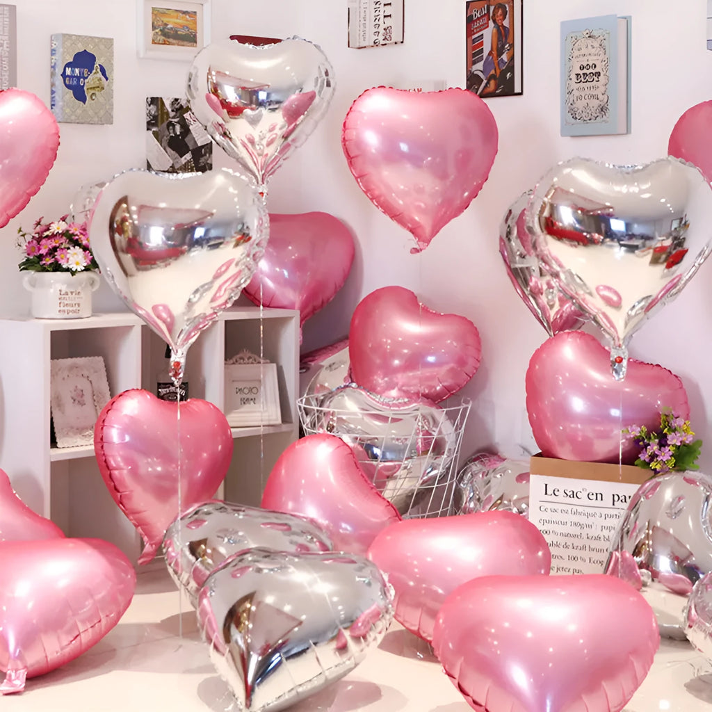 Set of five shiny metallic peach heart-shaped aluminium foil balloons in red and silver