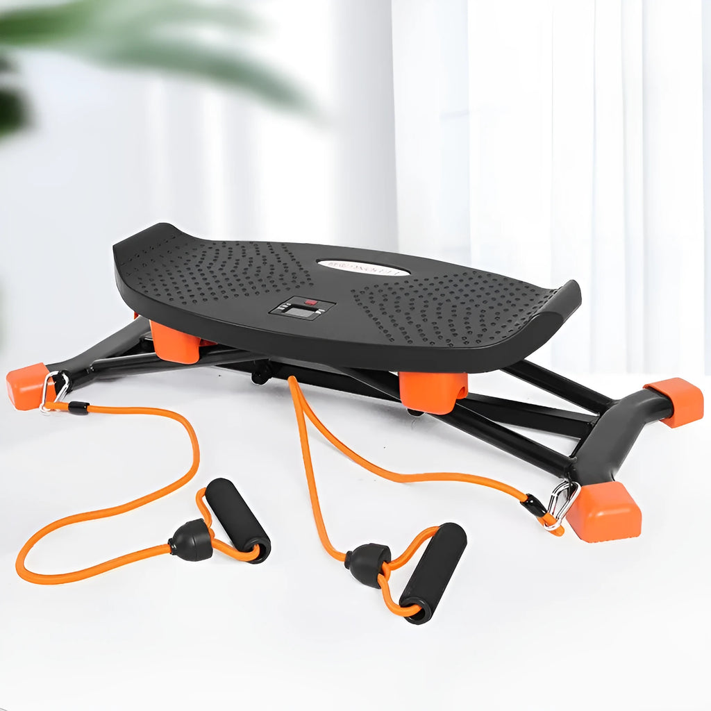 Black mini fitness skiing machine with elastic hand straps for home exercise