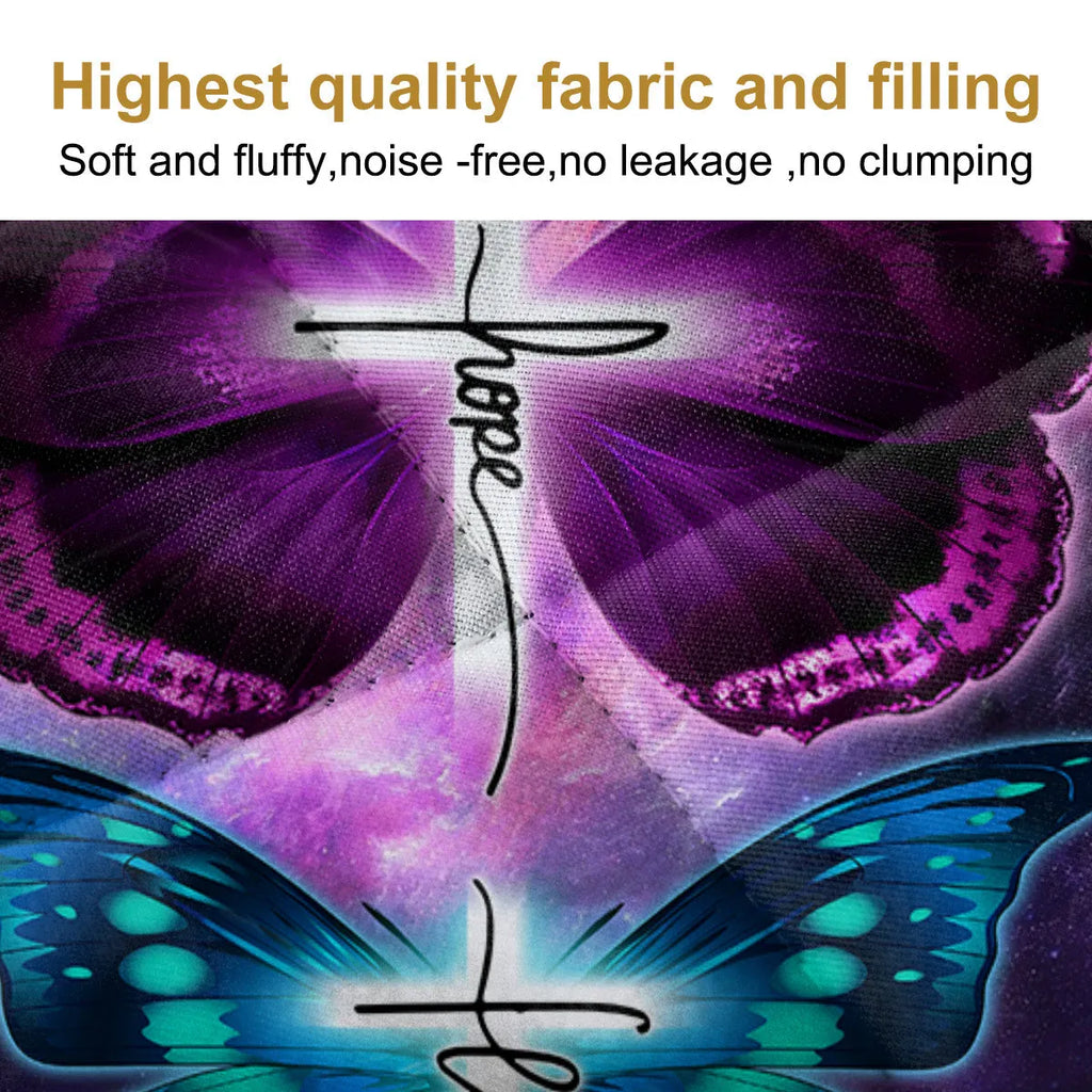 Purple butterfly pet themed microfiber polyester quilt set with matching pillowcases on bed
