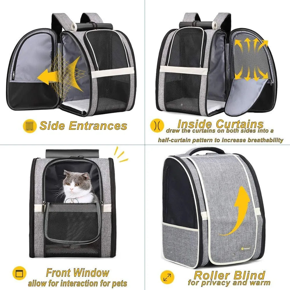 Grey or pink PVC mesh pet carrier backpack for cats and small dogs, 42cm x 31cm x 5cm, with chest buckles and removable mat.