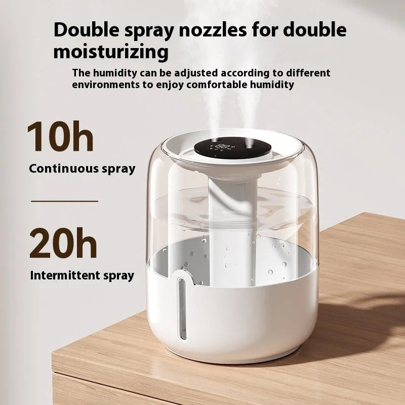 Round beige USB-powered humidifier with dual spray nozzles, a front display, and control gear.