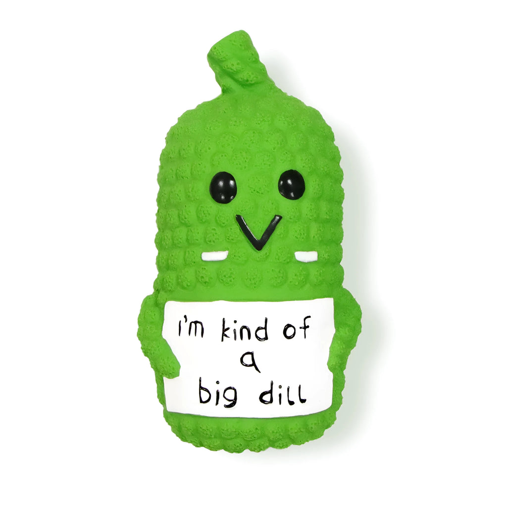 Green latex pickle-shaped dog squeaky toy with bumpy texture.