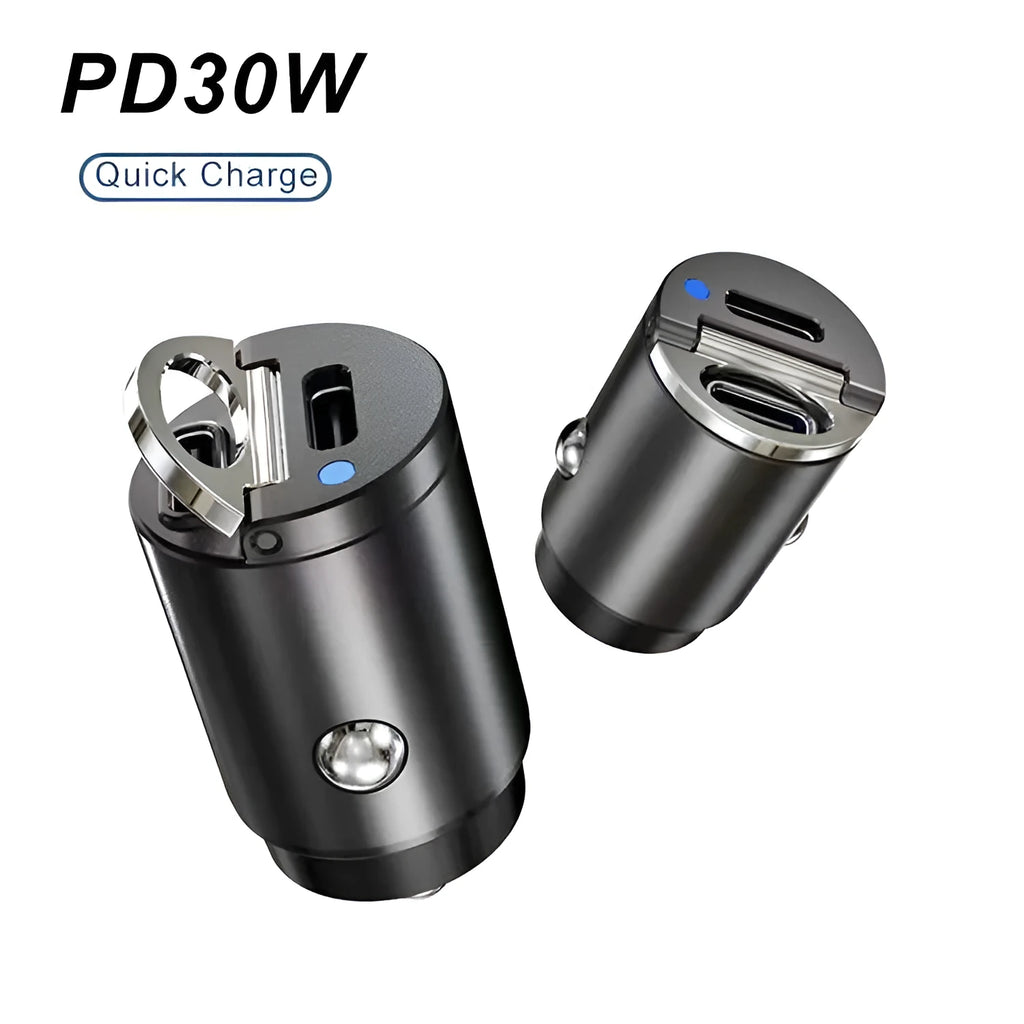 Black mini 30W car cigarette lighter charger with USB-C port for PD and QC fast charging