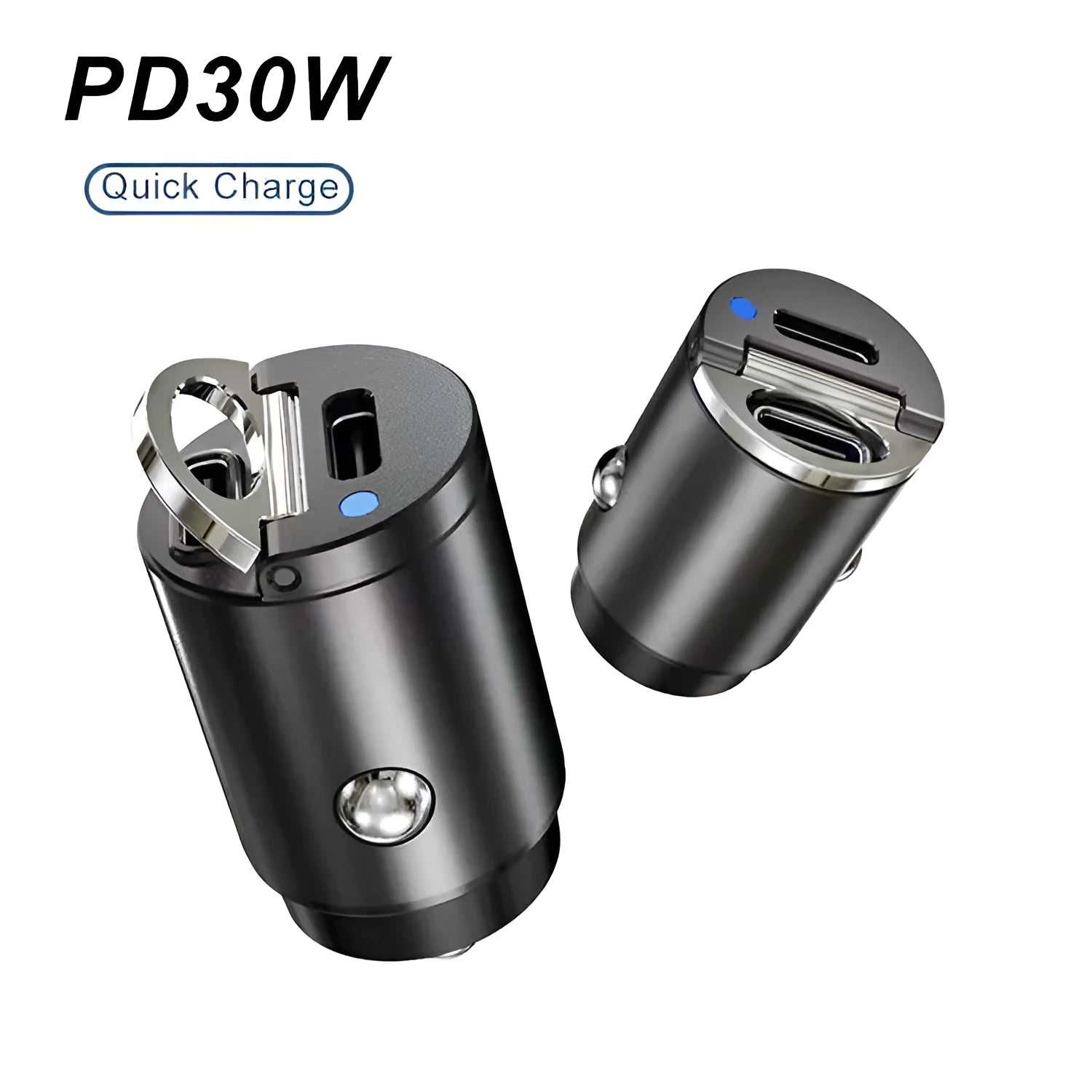 Black mini 30W car cigarette lighter charger with USB-C port for PD and QC fast charging