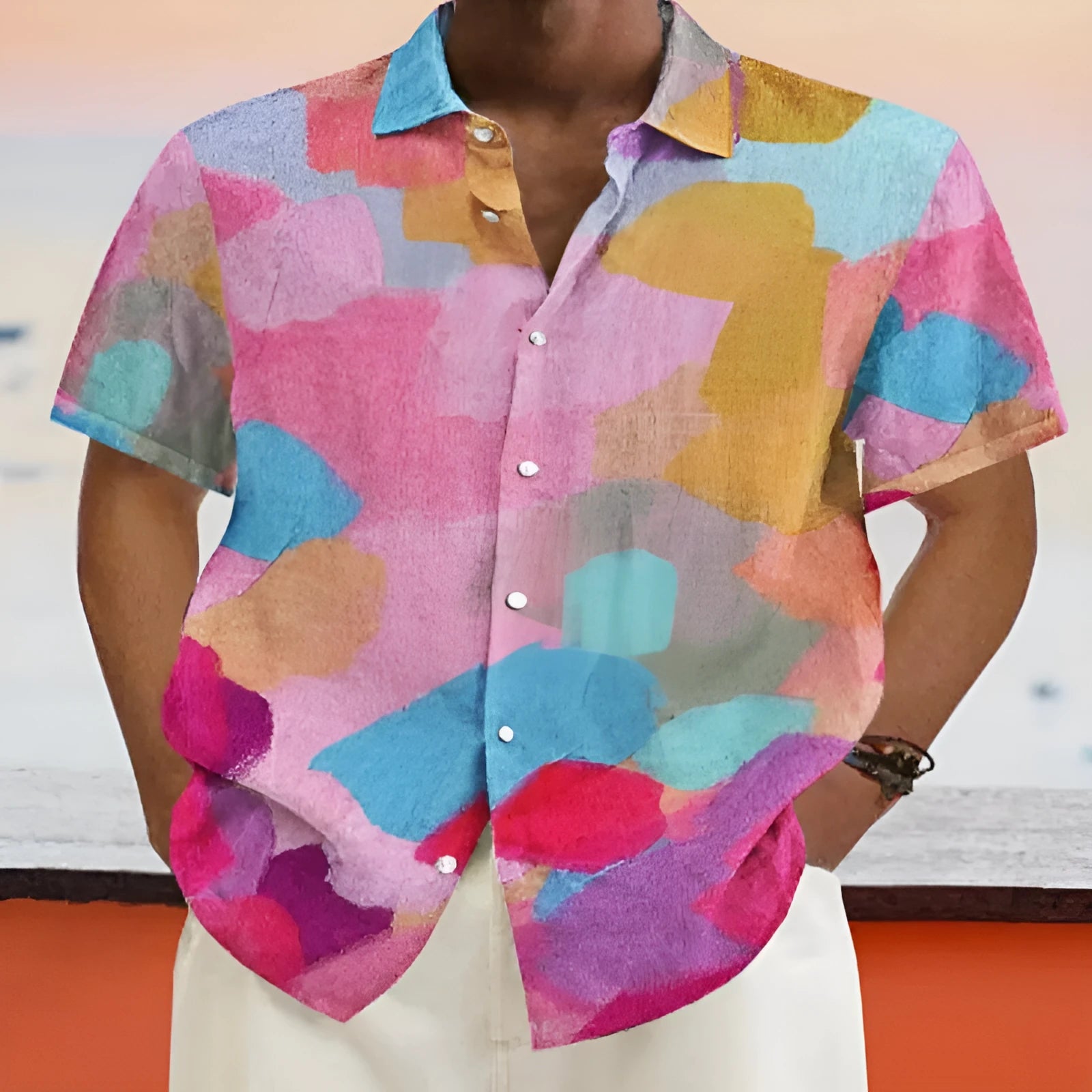 Hawaiian style stand collar cardigan with 3D printing pattern and short sleeves