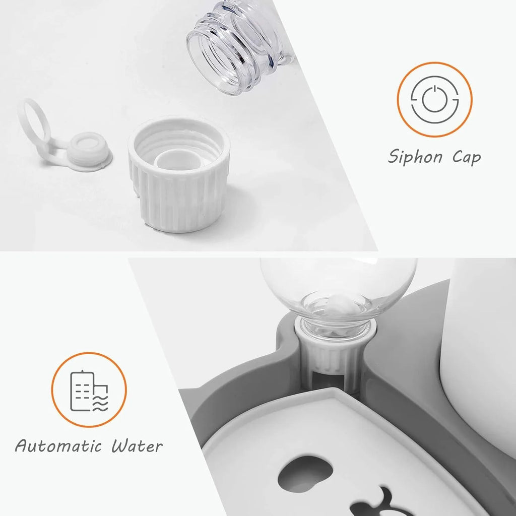 Grey panda-shaped tilted pet bowl set with stainless steel food bowl and automatic water dispenser bottle