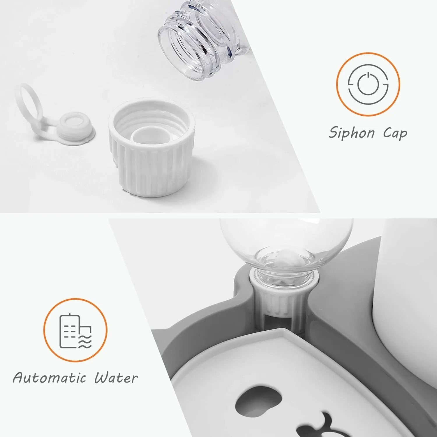 Grey panda-shaped tilted pet bowl set with stainless steel food bowl and automatic water dispenser bottle