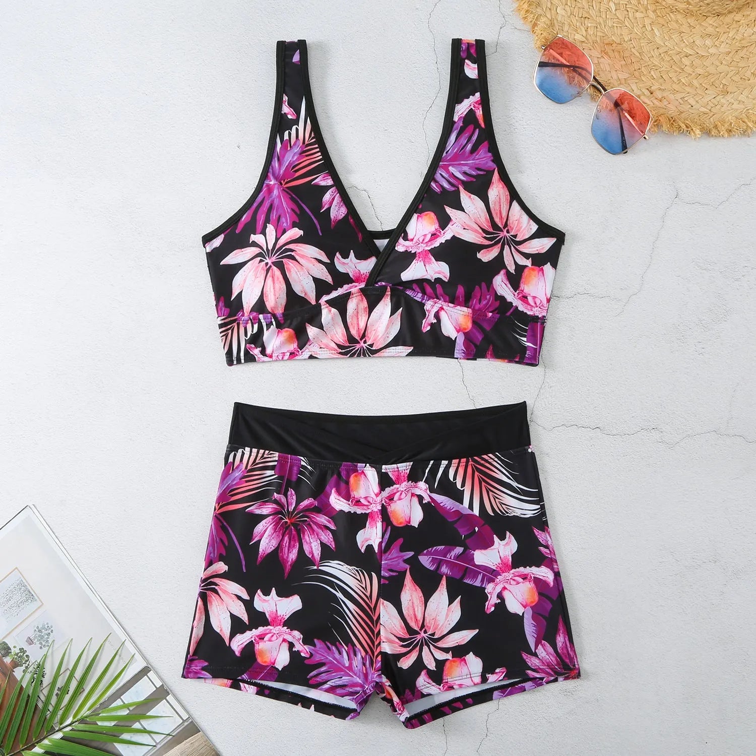 Women's two-piece swimsuit set with sleeveless top and printed boxer briefs in multiple colour options
