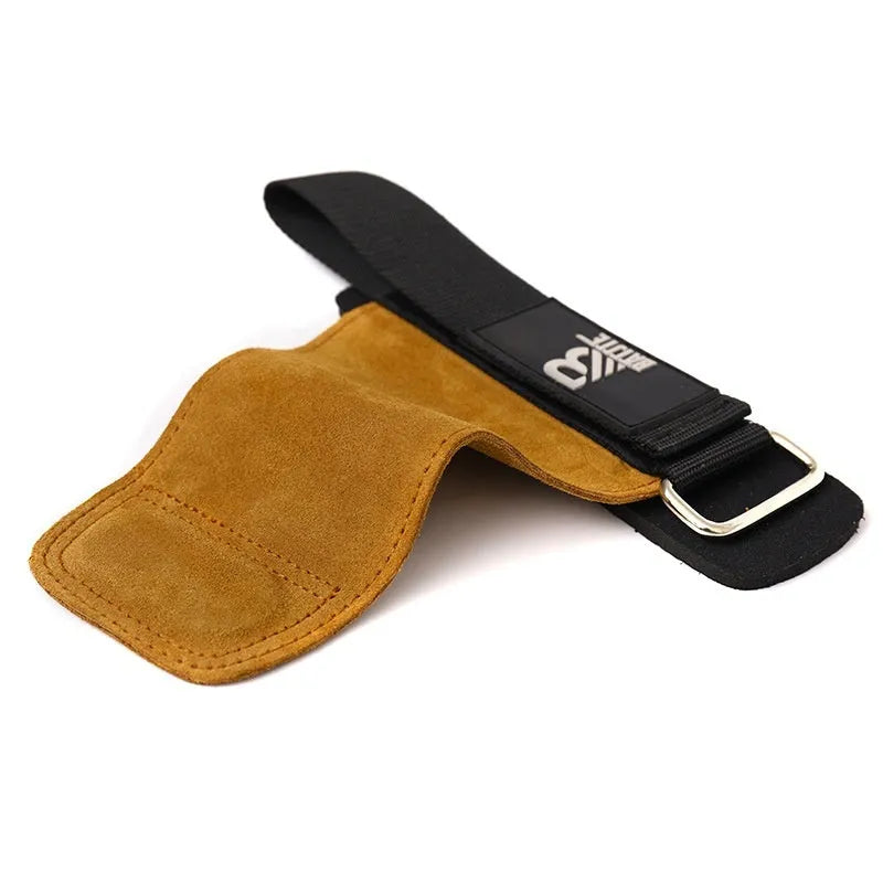 A pair of brown grip strength wrist bands for pull-up and fitness hand protection.