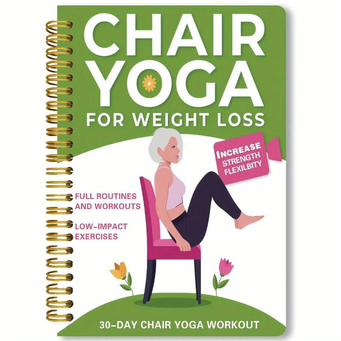 Green coil-bound 30 Days Chair Yoga Training Guide notebook lying open.