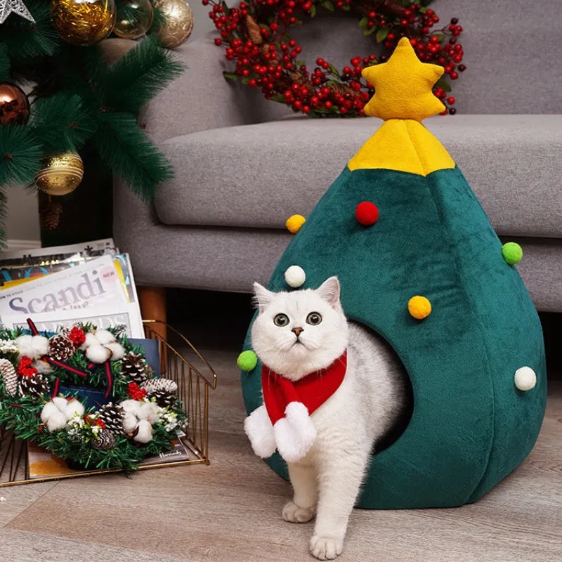 Christmas tree shaped plush teddy cat nest cave bed in warm colours with size dimensions