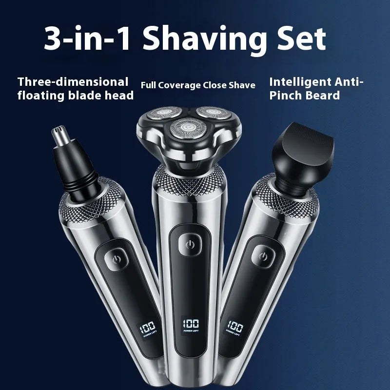 USB rechargeable beard trimmer with digital display and washable floating head on a stand.