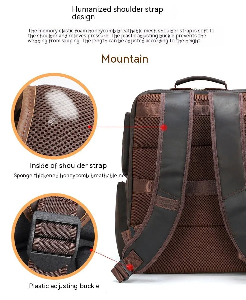 Dark brown genuine leather backpack for men showing embossed texture, double straps, and open compartments.