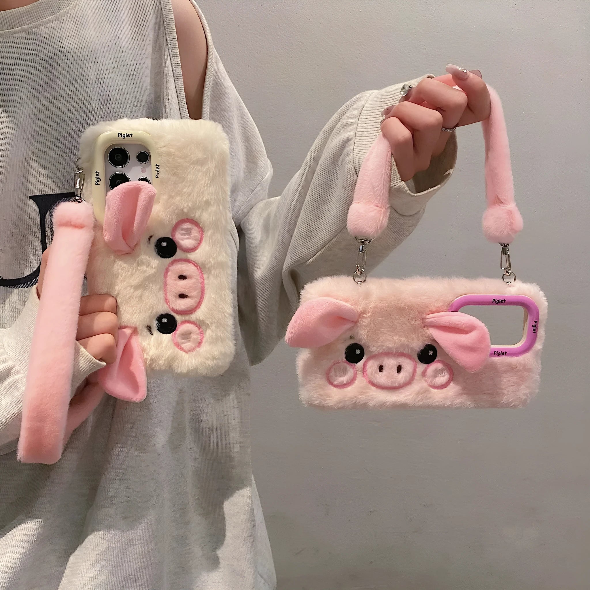 Plush cute piggy phone case with bracket on pink and white soft furry fleece cloth for Samsung smartphones