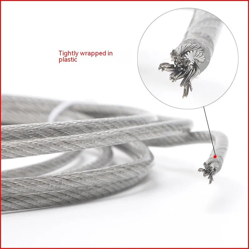 Coiled 304 stainless steel anti-theft security wire rope with a black coated finish on a grey background.