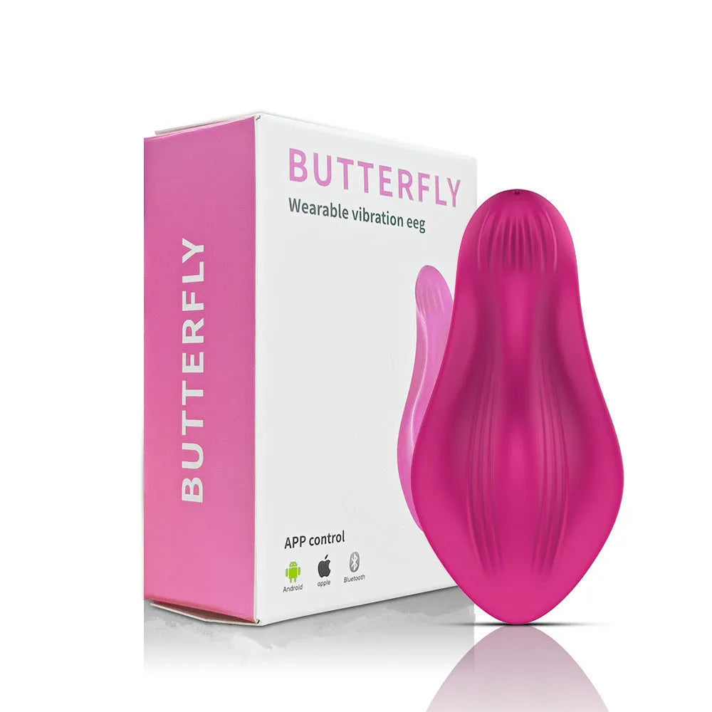 Rose red silicone wearable butterfly vibrator with remote smartphone app control.