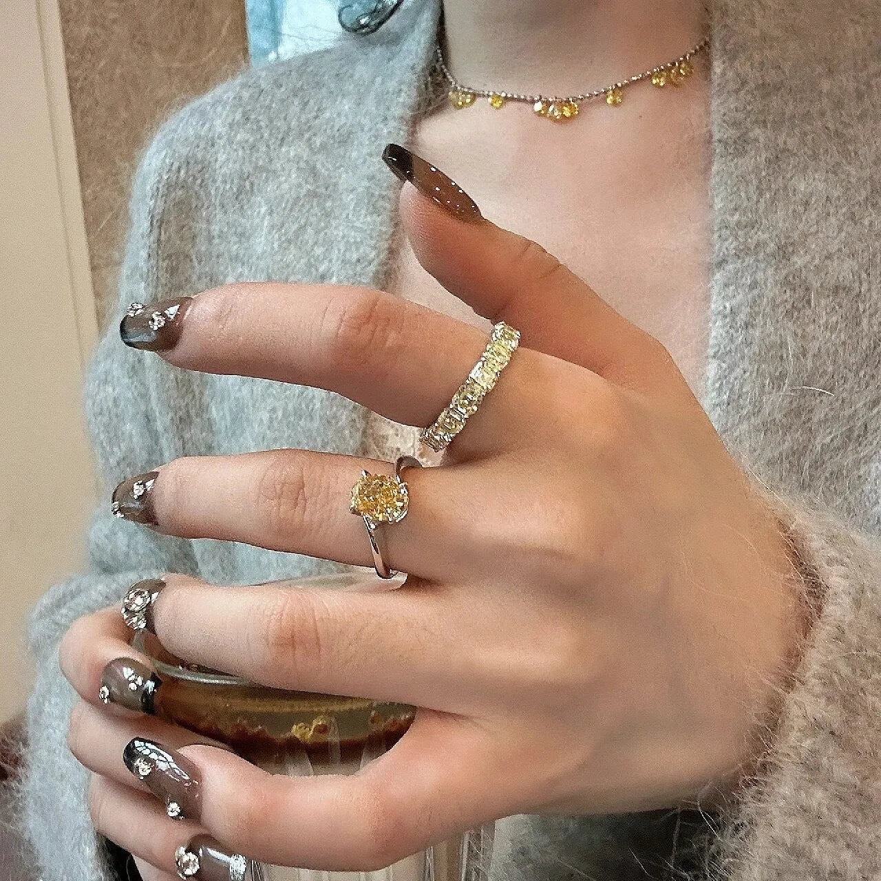 Women's yellow rock sugar crystal fashion ring on copper band with Seiko treatment