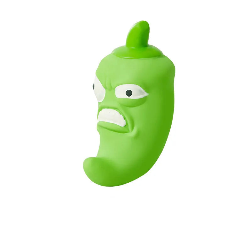 Bitter gourd or chilli shaped dog chew toy with textured surface for tooth cleaning and integrated sound.