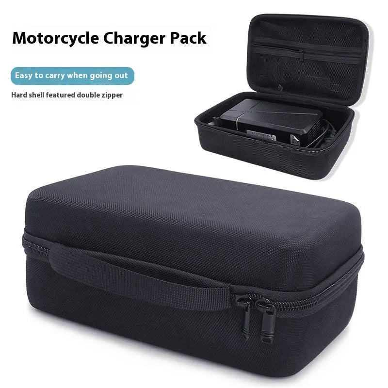 EVA hard shell motorcycle charger storage bag in black with sewn construction, side view interior showing padded interior