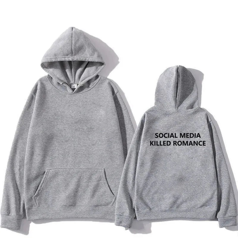 Men's slim-fit grey hoodie with a printed spring letter design on the front, featuring a hood and long sleeves.