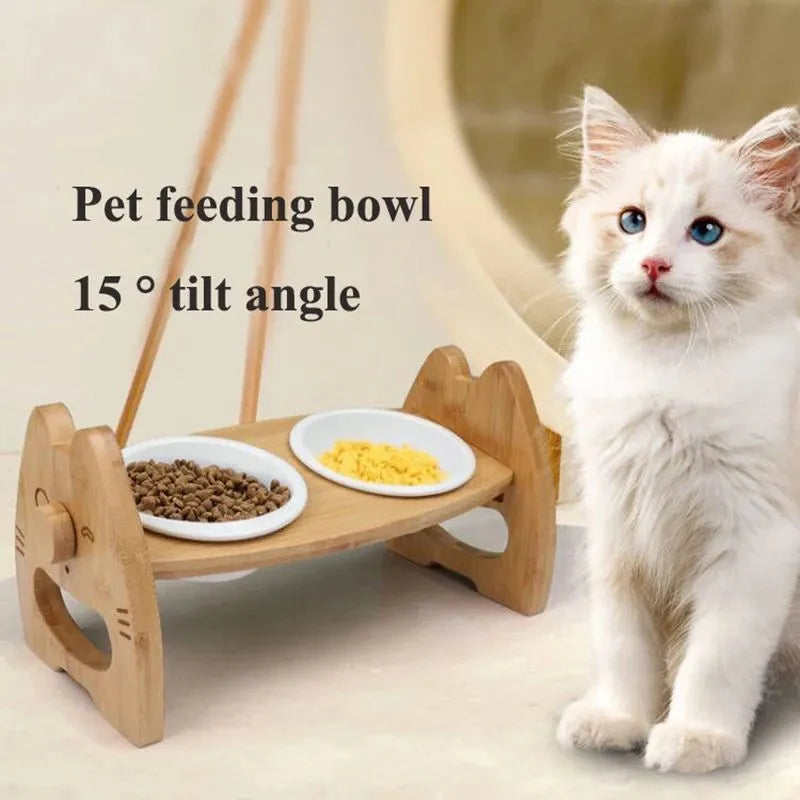 Height adjustable ceramic double bowl on bamboo stand for cats and dogs, original wood colour, non-slip base