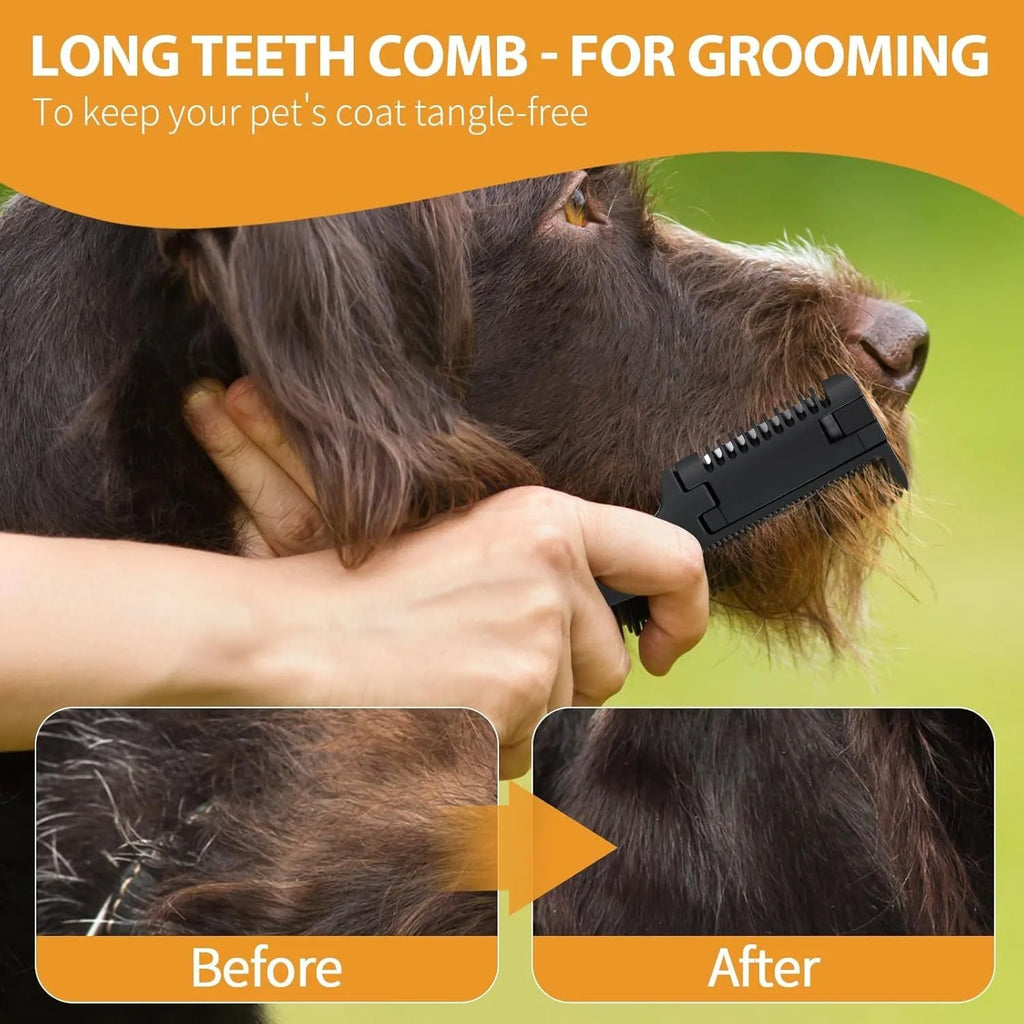 Pet razor comb with comb teeth and trimming blade, includes 10 spare blades for dog and cat grooming.