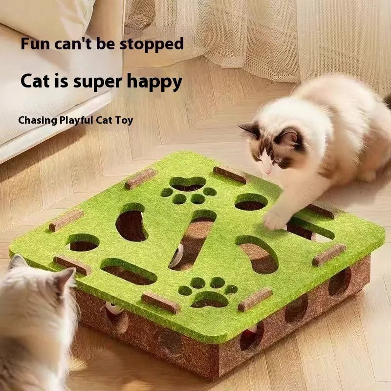 Square green brown felt cat puzzle box toy with a circular hole, shown next to a cat.