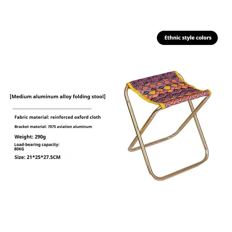Black folding camp stool with aluminium alloy frame, shown in folded and open positions.