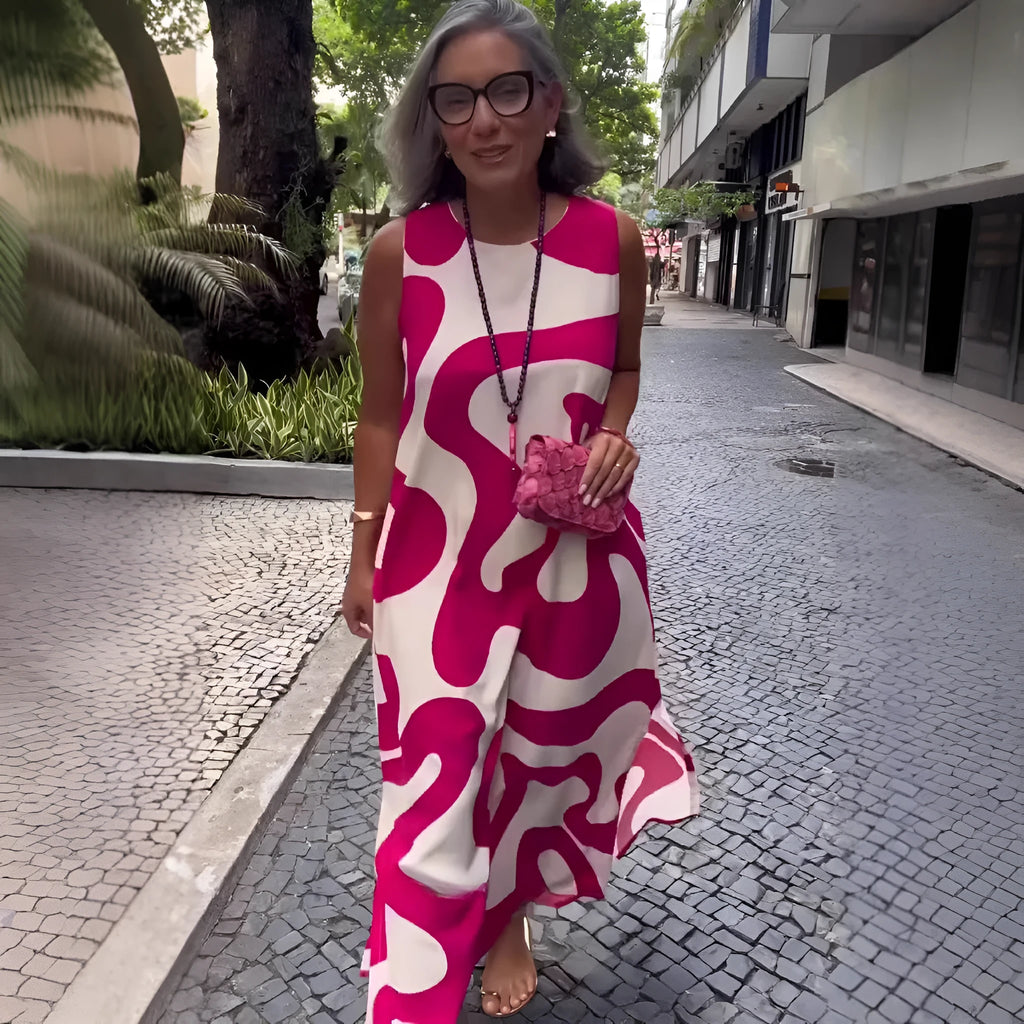 New V-neck printed sleeveless casual dress for women in rose red with A-line skirt