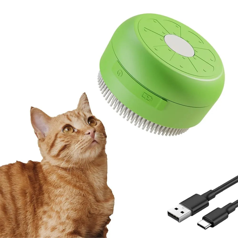 Green rechargeable cat steam brush with silicone bristles and ergonomic handle on white background
