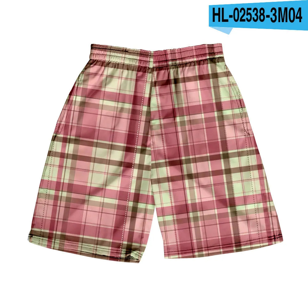 Man wearing straight-leg plaid shorts with an elastic waistband on a beach, showing one of twenty available colour variations.