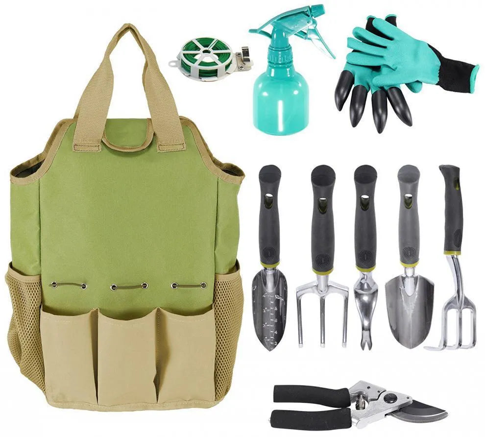 Light green 600D Oxford cloth garden tool storage bag holding secateurs and trowel