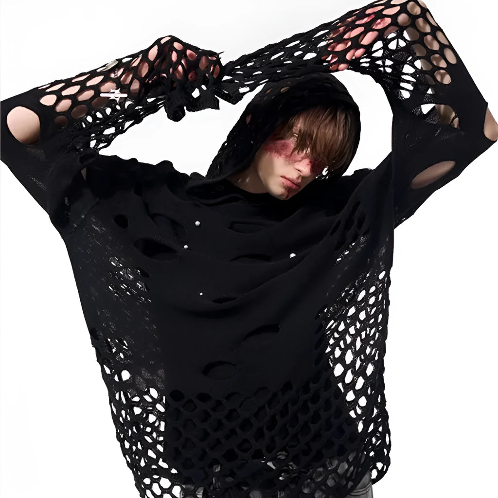 Men's black loose-fit hoodie with hollow hood design and pearl decorative trim on the front.