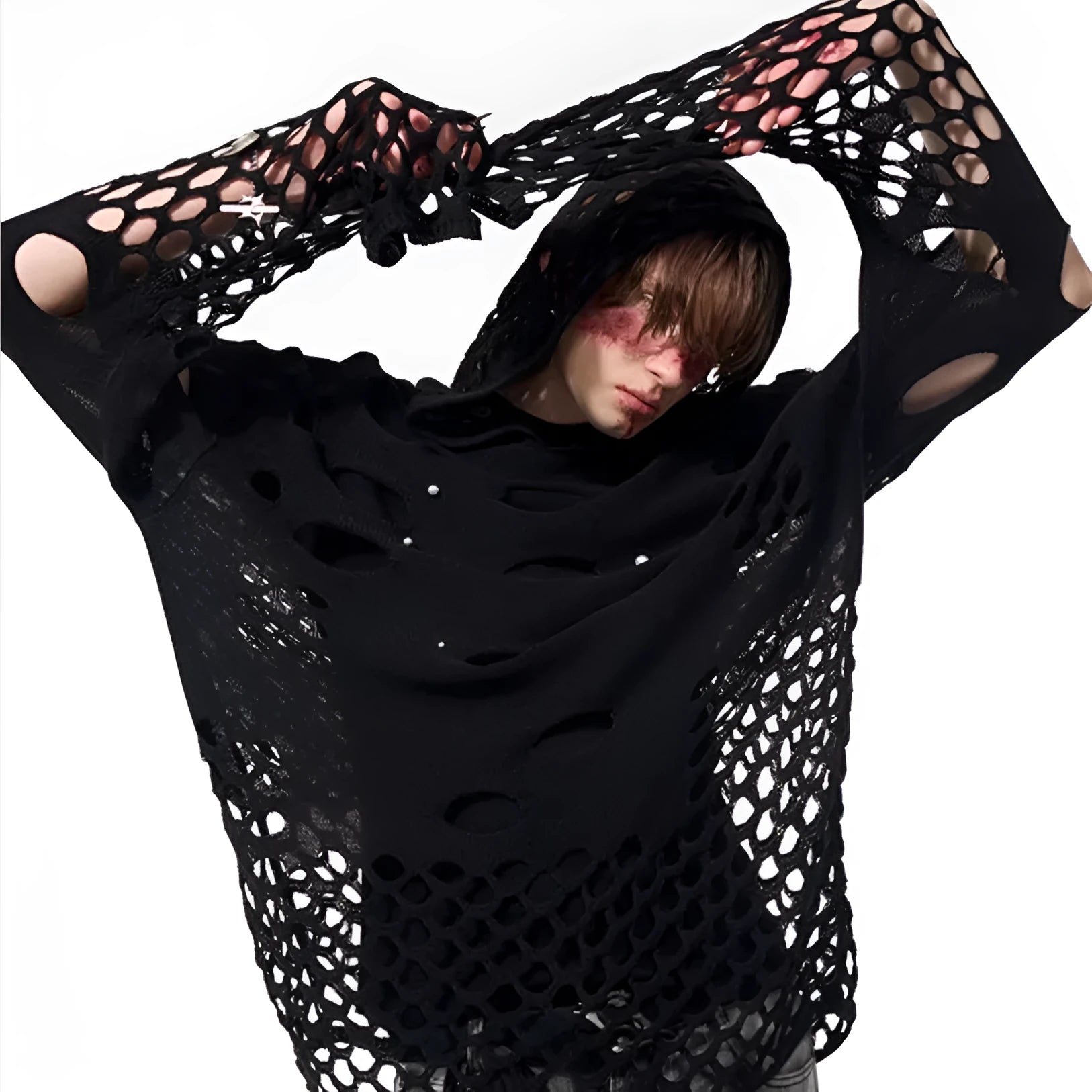 Men's black loose-fit hoodie with hollow hood design and pearl decorative trim on the front.