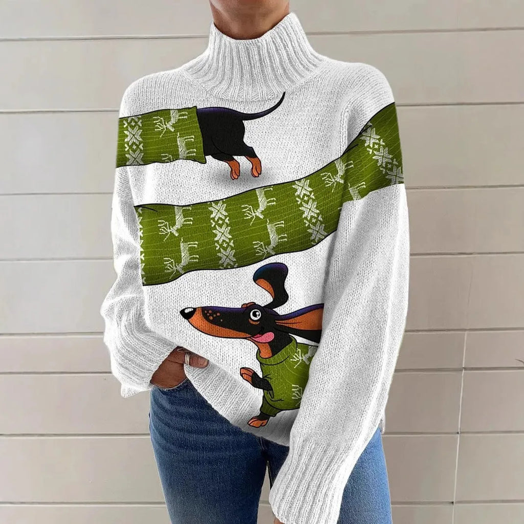 Women's loose-fit Christmas turtleneck sweater with a printed painting pattern in a macaron colour.