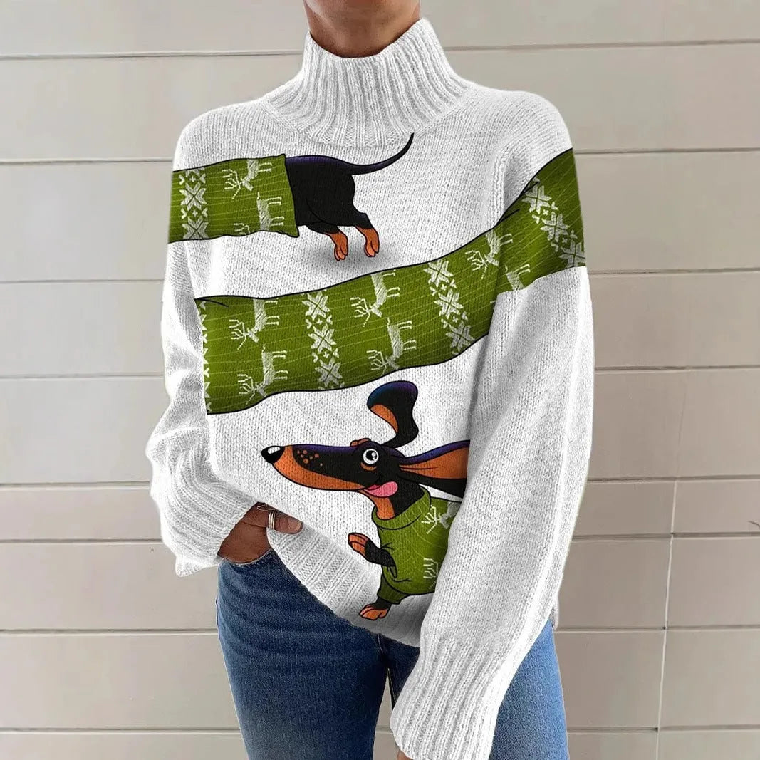 Women's loose-fit Christmas turtleneck sweater with a printed painting pattern in a macaron colour.