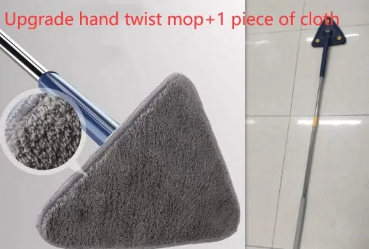 Blue and white extendable triangle cleaning mop with a rotating head on a long stainless steel pole.