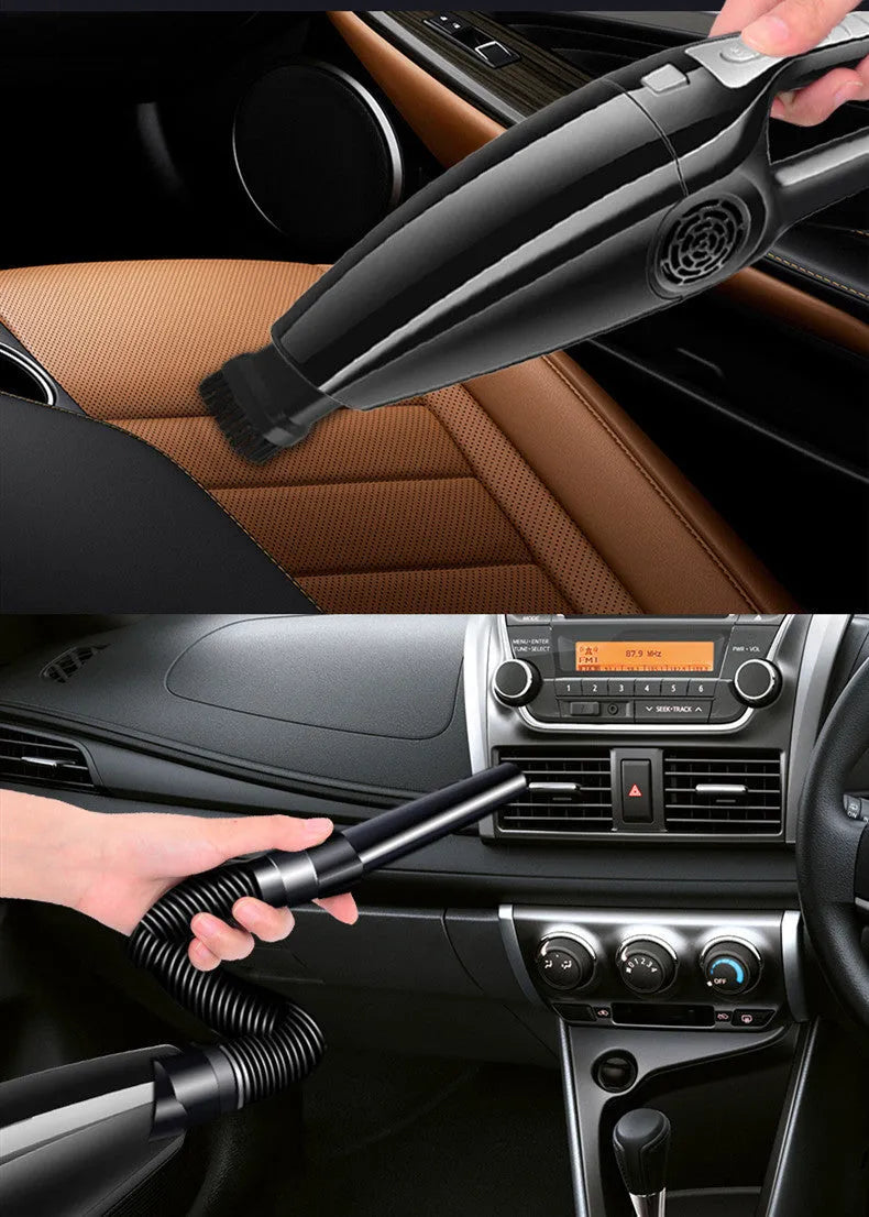 Black and orange 12V car vacuum cleaner with power cable, showing compact size.
