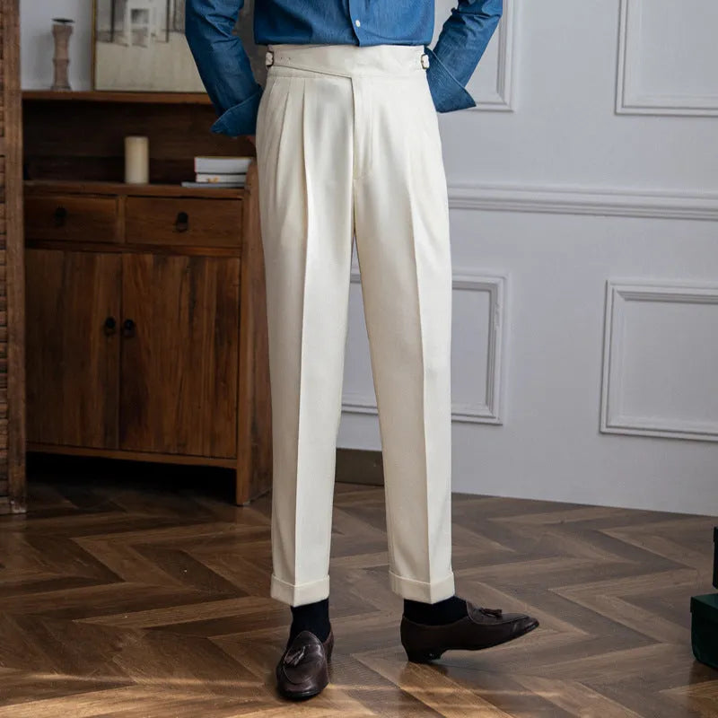 Men's high-waisted straight-leg casual trousers in polyester, shown in black, white, khaki, and coffee colours.